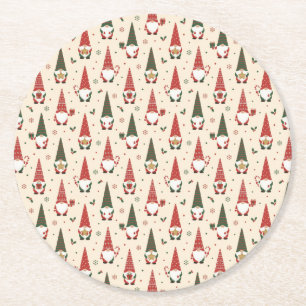 Christmas Gnome Party Pattern Round Paper Coaster