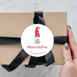 Christmas gnome red white family name cute  classic round sticker<br><div class="desc">A cute Christmas gnome,  scandi style in red,  white and grey. With the text: Merry Christmas.  Personalize and add your name.</div>