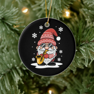 Christmas Gnome Saxophone Sunglasses Snowflake Ceramic Ornament