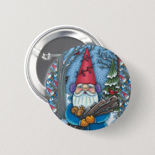 CHRISTMAS GNOME, SQUIRREL, WOODPECKER & CARDINAL 2 INCH ROUND BUTTON (Front & Back)