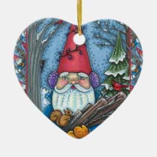 CHRISTMAS GNOME, SQUIRREL, WOODPECKER & CARDINAL CERAMIC ORNAMENT