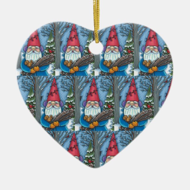 CHRISTMAS GNOME, SQUIRREL, WOODPECKER & CARDINAL CERAMIC ORNAMENT (Front)