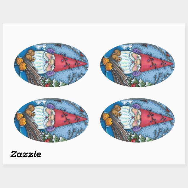 CHRISTMAS GNOME, SQUIRREL, WOODPECKER & CARDINAL OVAL STICKER (Sheet)