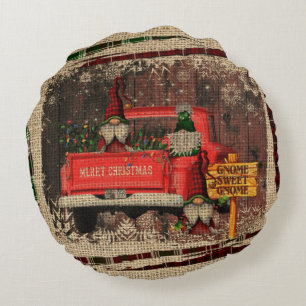 Christmas Gnome Sweet Gnome Red Truck Plaid Rustic Round Pillow