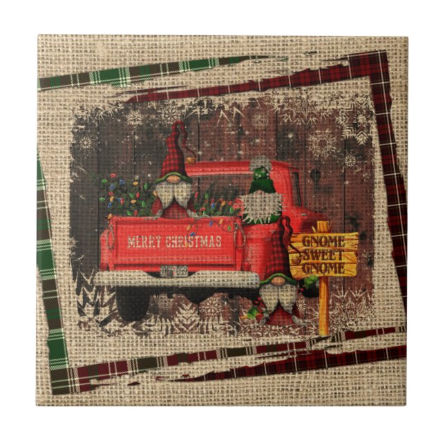 Christmas Gnome Sweet Gnome Red Truck Plaid Tile (Front)