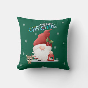 Christmas Gnome, Tiny Reindeer with Merry Christma Throw Pillow