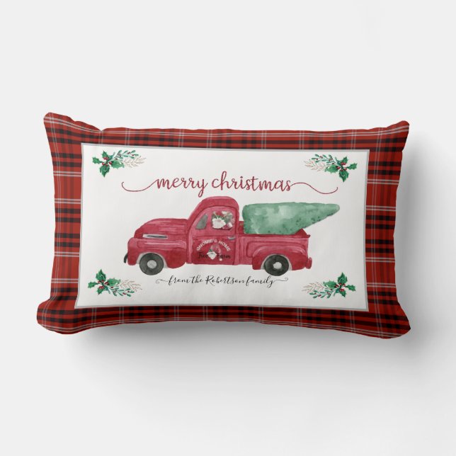 Christmas Gnome Tree Farm Red Truck Plaid Lumbar Pillow (Front)