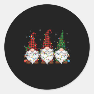 Christmas Gnome Trio Buffalo Plaid Lights Cute Xma Classic Round Sticker