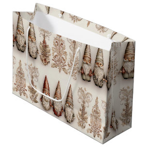 Christmas Gnome Vintage Watercolor Holiday Pattern Large Gift Bag