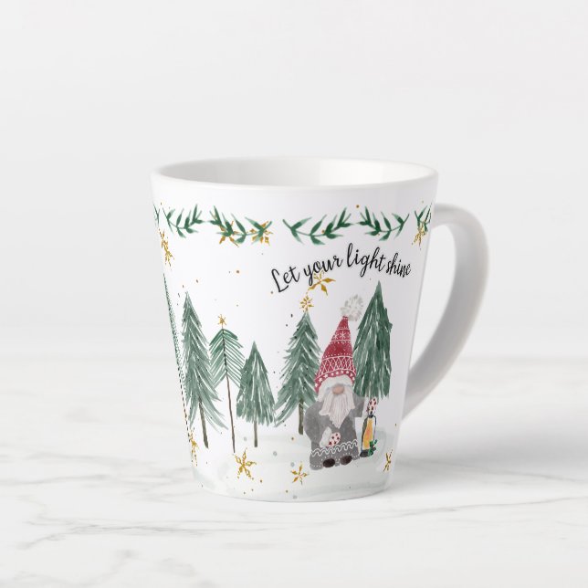 Christmas Gnome Watercolor Light Shine Stars trees Latte Mug (Right Angle)