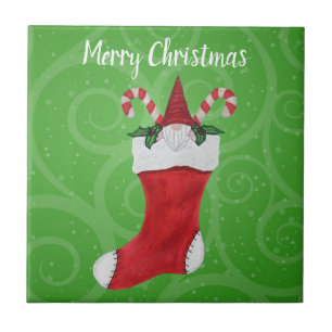 Christmas Gnome With Beard in Stocking Candy Canes Tile
