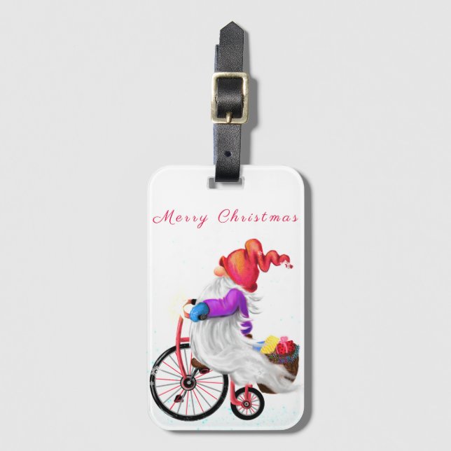Christmas Gnome with Bike and Gift Luggage Tag (Front Vertical)