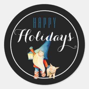 Christmas Gnome with Lantern & Pig Happy Holiday Classic Round Sticker