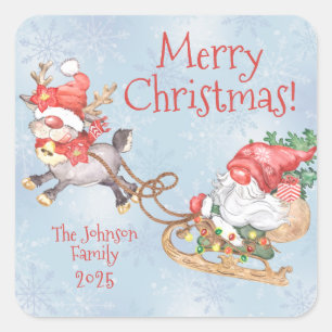 Christmas Gnome with Reindeer Cute Personalized  Square Sticker