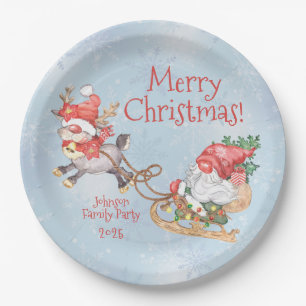 Christmas Gnome with Reindeer Personalized Party Paper Plate