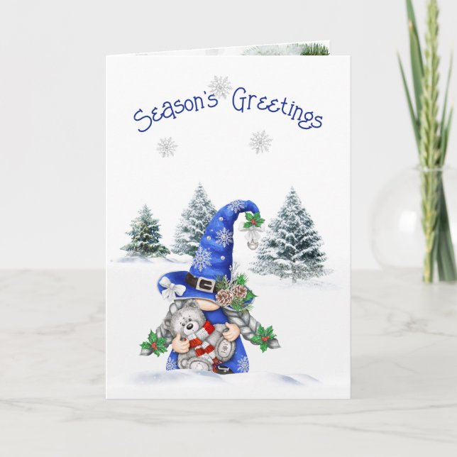 Christmas Gnome with Teddy Bear  Holiday Card (Front)