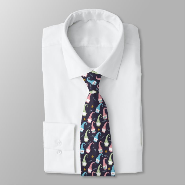 Christmas gnomes and golden stars pattern tie (Tied)
