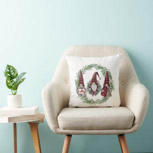 Christmas Gnomes and Wreath  Throw Pillow
