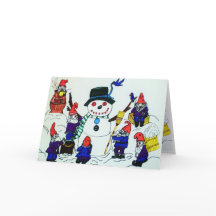 CHRISTMAS,GNOMES BUILD A SNOWMAN  card
