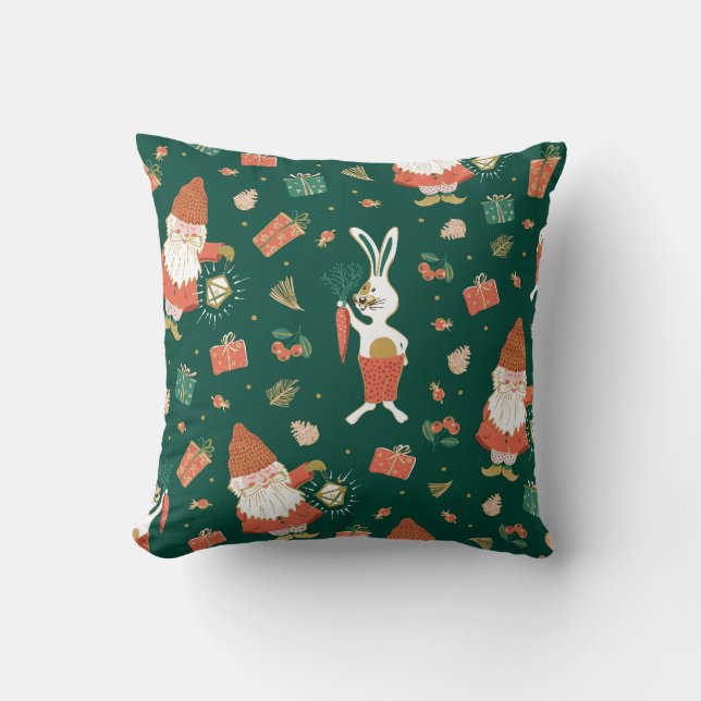 Christmas Gnomes, Bunny Holiday Pattern. Throw Pillow (Front)