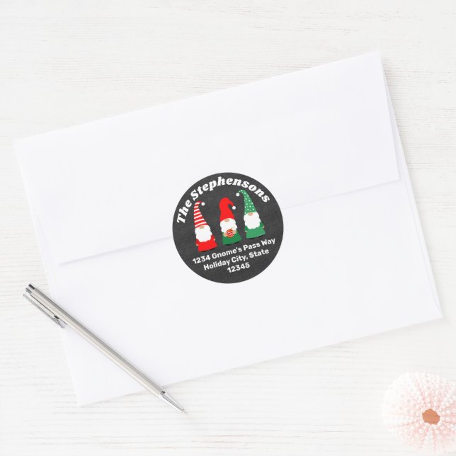 Christmas Gnomes Cute Holiday Custom Address Classic Round Sticker (Envelope)