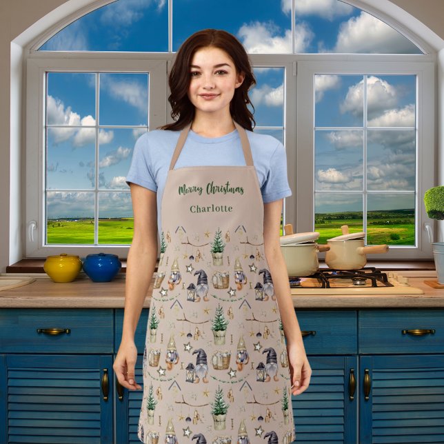 Christmas gnomes farmhouse name script beige apron (Creator Uploaded)