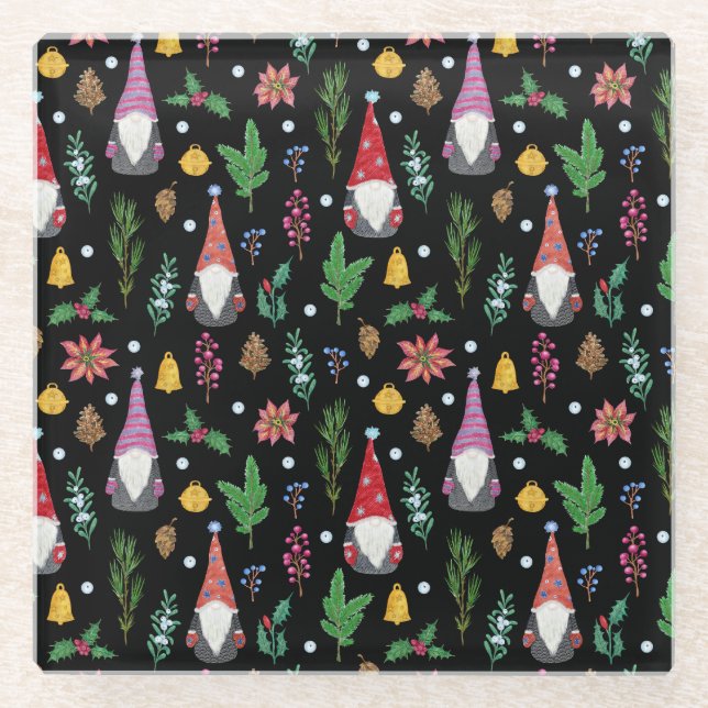 Christmas Gnomes: Festive Seamless Pattern Glass Coaster (Front)