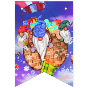 Christmas Gnomes Flying A Balloon and Gives Gifts Bunting Flags