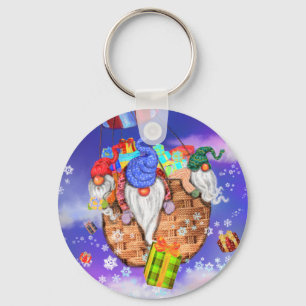 Christmas Gnomes Flying A Balloon and Gives Gifts Keychain