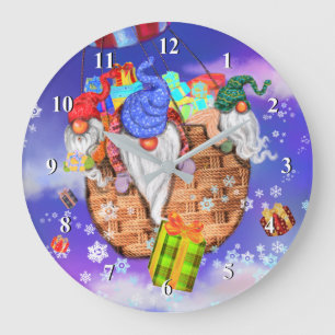 Christmas Gnomes Flying A Balloon and Gives Gifts Large Clock