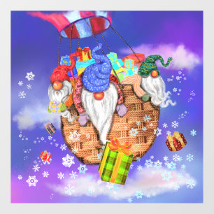 Christmas Gnomes Flying A Balloon and Gives Gifts Window Cling