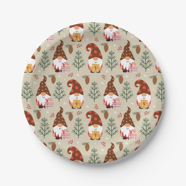 Christmas Gnomes Gift Pattern Paper Plate (Front)