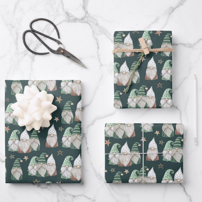 Christmas Gnomes Green Gold Scandinavian Trendy  Wrapping Paper Sheet (Front)