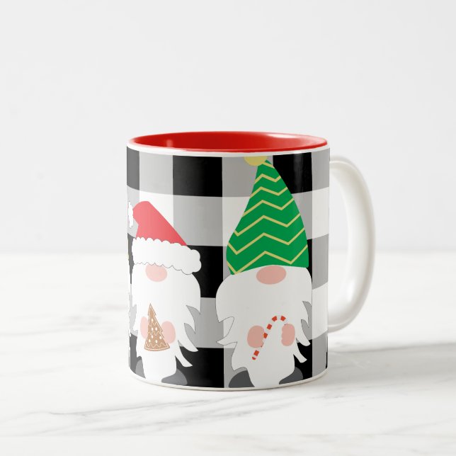 Christmas Gnomes Home Decor with Buffalo Check Two-Tone Coffee Mug (Front Right)