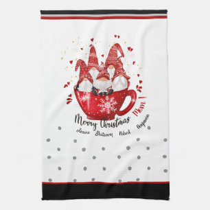 Christmas gnomes in coffee cup red custom names  kitchen towel