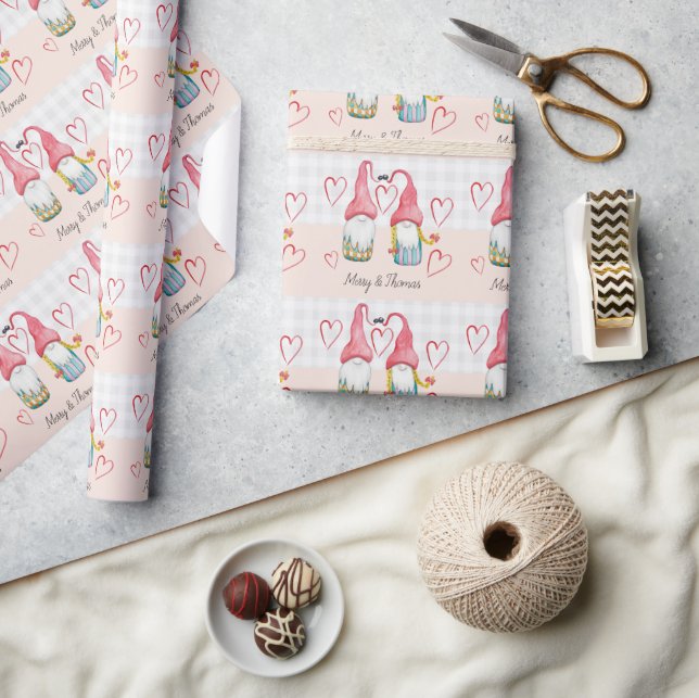 Christmas Gnomes In Love Watercolor Hand-painted Wrapping Paper (Crafts)