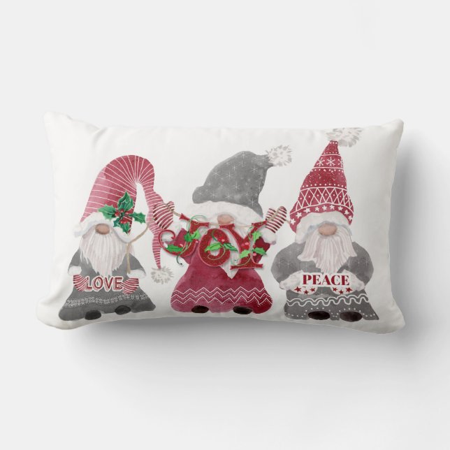 Christmas Gnomes Love Joy Peace Typography Lumbar Pillow (Front)