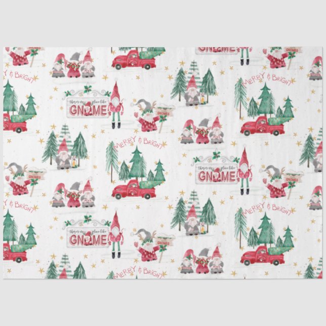 Christmas Gnomes Merry Bright Red Truck Decoupage Tissue Paper (Front)