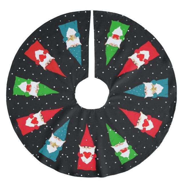 Christmas Gnomes on Black Brushed Polyester Tree Skirt (Front)