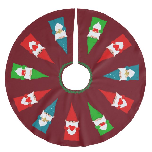 Christmas Gnomes on Burgundy Red Brushed Polyester Tree Skirt (Front)