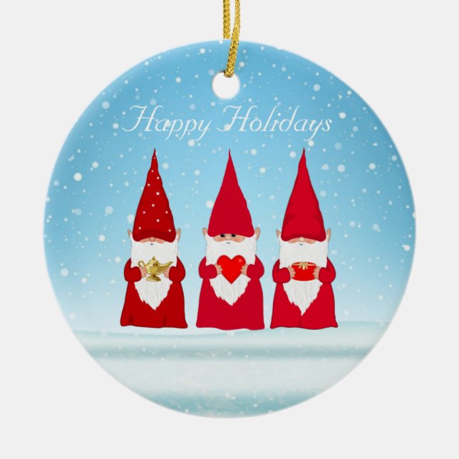 Christmas Gnomes on Light Blue Ceramic Ornament (Front)