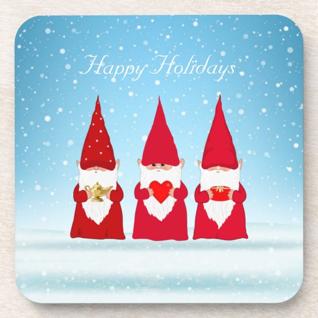 Christmas Gnomes on Light Blue Coaster (Front)