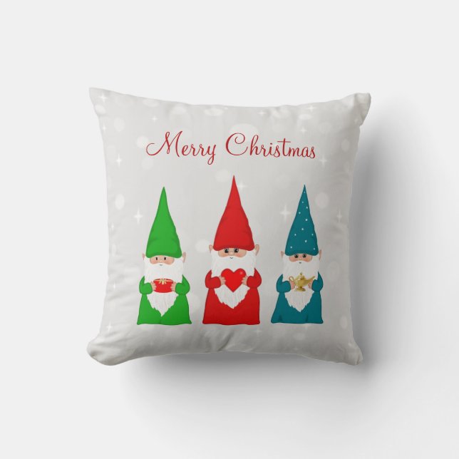 Christmas gnomes on light silver grey throw pillow (Front)