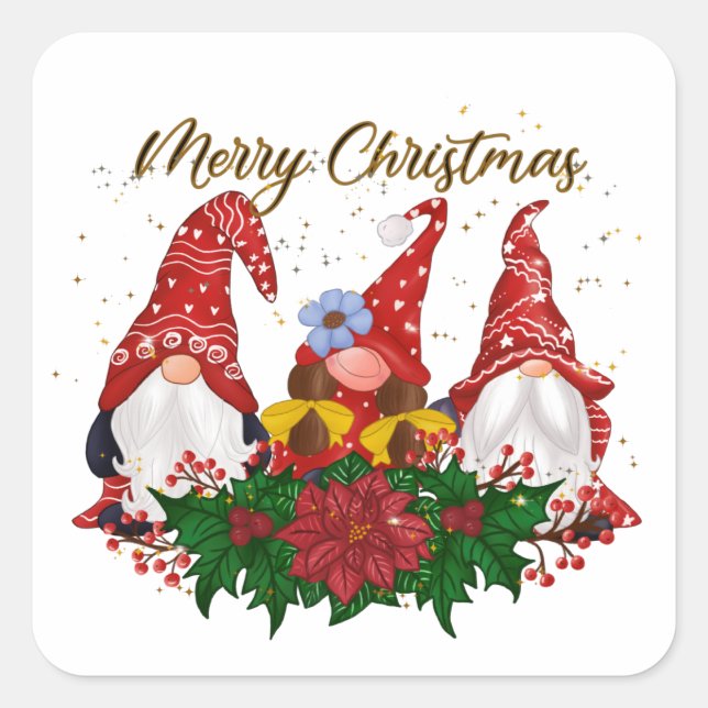 Christmas Gnomes Poinsettia Whimsical Woodland Square Sticker (Front)
