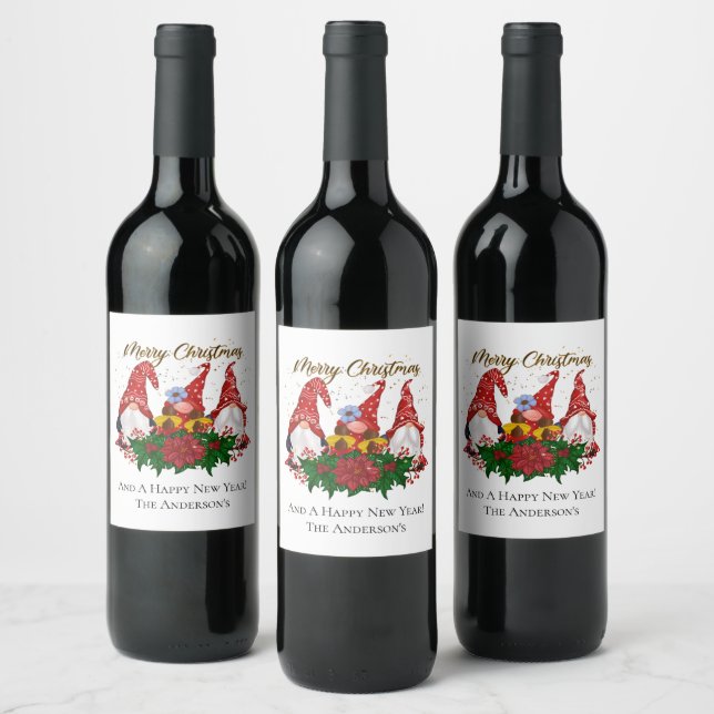Christmas Gnomes Poinsettia Whimsical Woodland  Wine Label (Bottles)