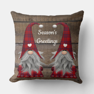 Christmas Gnomes Season's Greetings Rustic Wood Throw Pillow