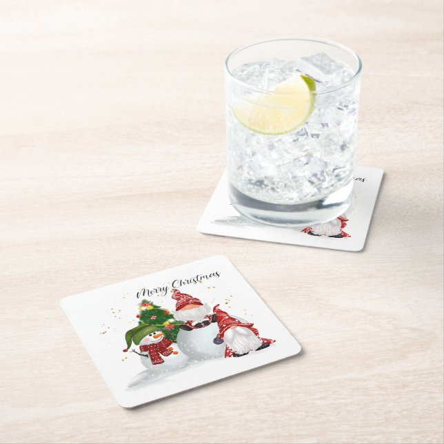 Christmas Gnomes Square Paper Coaster (Insitu)