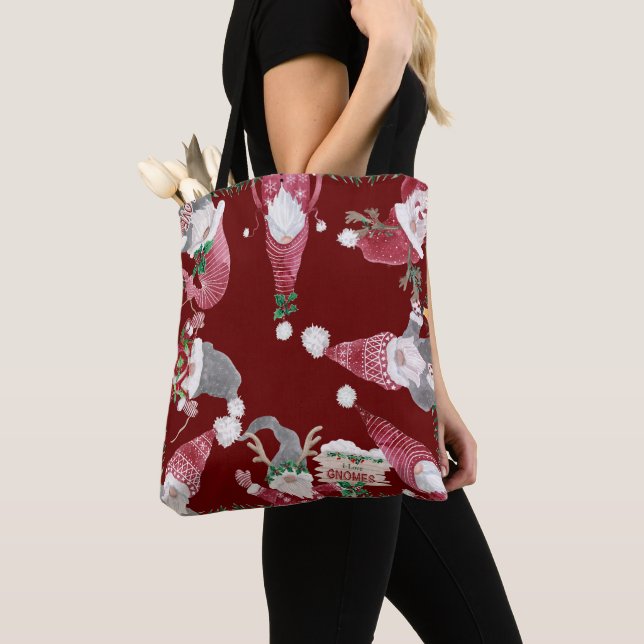 Christmas Gnomes Watercolor Whimsical Cute Elves Tote Bag (Close Up)