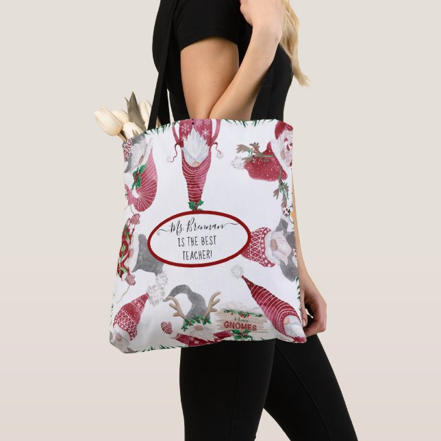 Christmas Gnomes Whimsical Best Teacher Name Tote Bag (Close Up)