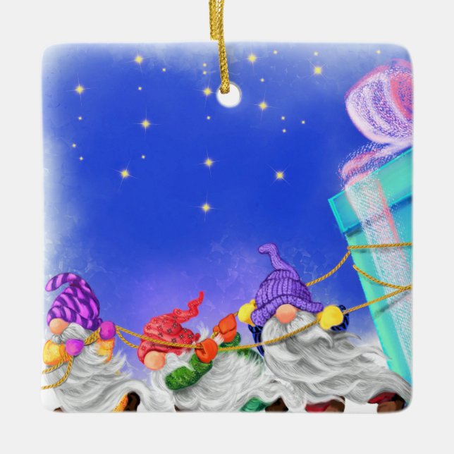 Christmas Gnomes with Gift Christmas Ornament (Front)